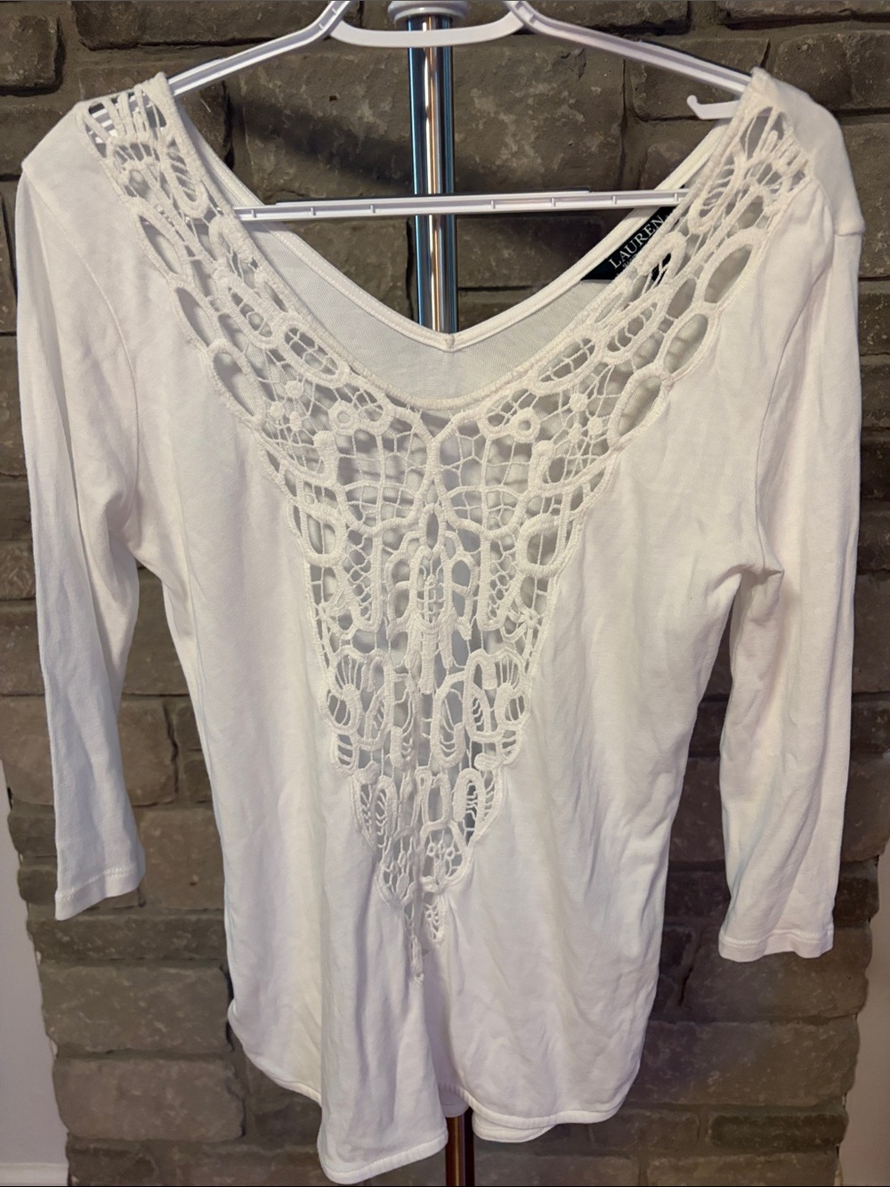 Lauren Ralph Lauren White Crochet Lace Front Top PS 3/4 Sleeve Boho V-Neck